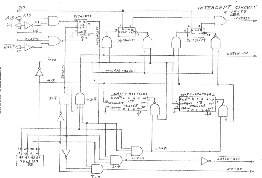 INTERCEPT CIRCUIT (schematic, dated 4-18-88) - "Refer to Part I, page 7-8 (Nov/Dec 88 SINCUS NEWS)"