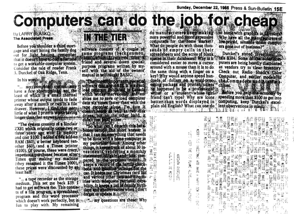 newspaper clipping - "Computers can do the job for cheap", by Larry Blasko, The Associated Press (Press & Sun-Bulletin, Sunday, December 22, 1985, p. 15E)