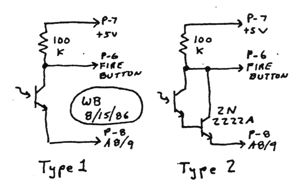 FIGURE 1. Both types of light pen! Which will work best depends on the type of phototransistor you have to work with. Type 1: phototransistor with 100K resistor to P-7 (+5V), collector to P-6 (FIRE BUTTON), emitter to P-8 (A8/9). Type 2: the same with an added 2N2222A transistor. (WB 8/15/86)