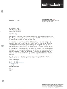Letter from Sinclair Research to Charlie Day Nov 7 1984