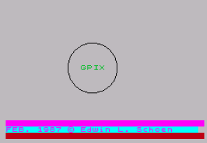 h[ GO SUB VAL <>....
9 CIRCLE 111,91,32
10 PRINT AT 10,12; INK 4;"GPIX": PRINT AT 19,0; BRIGHT 1; PAPER 3;" ": PRINT AT 20,0; INK 3; BRIGHT 1; PAPER 5;"FEB. 1987 © Edwin L. Schoen ": PRINT PAPER 2;" "
20 BEEP 1,10: BEEP .5,22: BEEP .20,19: BEEP .20,18: BEEP .2,17: FOR i=1 TO 16: BEEP .1,i+14: NEXT i: BEEP 1,15: BEEP .5,1: BEEP .5,2: BEEP 1,3: BEEP 2,-9
30 RANDOMIZE USR 26971
40 SAVE "GPIX": SAVE "GPIX"CODE 23296,256
50 PRINT AT 12,0;"To Use: LOAD ""GPIX"" CODE "
60 PRINT "RAND USR 23296"
70 PRINT "Move Cursor with 5,6,7 and 8 "
80 PRINT "Save UDGs at cursor by keys A-U"
Note: Type-in program listings on this website use ZMAKEBAS notation for graphics characters.
![